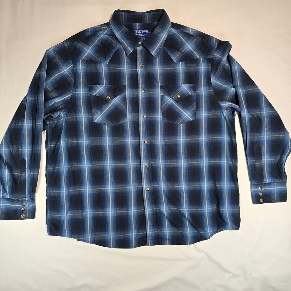 Pendleton Mens Blue Black Plaid Western Snap Shirt XXL 705213-F13